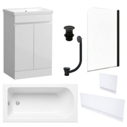 FNX Bathrooms Waterproof 600mm Vanity Unit With Single Ended Bath, Gloss White Panels, Matt Black Screen, Bath & Slotted Basin Waste - thumbnail 1
