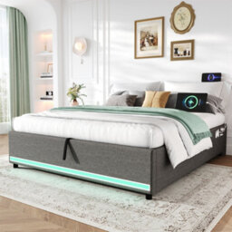 Abrihome 4Ft6 Double Hydraulic Storage Bed, No Headboard Linen Bed Frame With App Control Led Lights, Side Charging Station, Grey - thumbnail 9