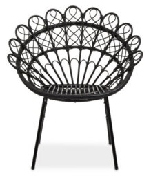 Orsina Black Rattan Round Peacock Chair, Unique Chair With Metal Legs, Rattan Dining Chair, Rattan Outdoor Chair