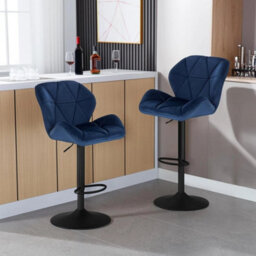 Blue Velvet Padded Bar Stools 2Pcs Bar Chairs Swivel Gas Lift W/ Backrest - thumbnail 5