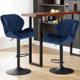 Blue Velvet Padded Bar Stools 2Pcs Bar Chairs Swivel Gas Lift W/ Backrest - thumbnail 3