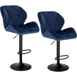 Blue Velvet Padded Bar Stools 2Pcs Bar Chairs Swivel Gas Lift W/ Backrest - thumbnail 1