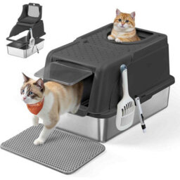 Stainless Steel Enclosed Cat Litter Box With Flip Lid, Leak-Proof Cat Toilet, Dual Entry, Scoop And Brush, Ink Black - thumbnail 6