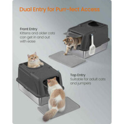 Stainless Steel Enclosed Cat Litter Box With Flip Lid, Leak-Proof Cat Toilet, Dual Entry, Scoop And Brush, Ink Black - thumbnail 3