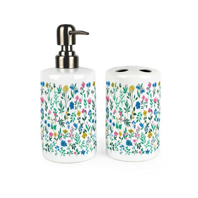 Purely Home Floral Leaves Bathroom Set - Refillable Ceramic Soap Dispenser & Toothbrush Holder - image 1