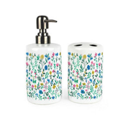Purely Home Floral Leaves Bathroom Set - Refillable Ceramic Soap Dispenser & Toothbrush Holder - thumbnail 1