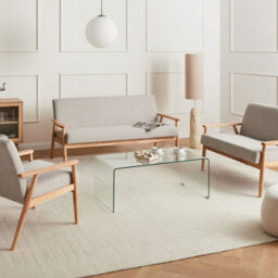 Wyld And Coco Novaliving 3-Piece Sofa Set, Grey Fabric With Light Brown Trim, Wooden Frame - thumbnail 2