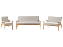 Wyld And Coco Novaliving 3-Piece Sofa Set, Grey Fabric With Light Brown Trim, Wooden Frame - thumbnail 1