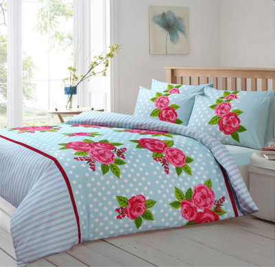 Velosso Cotton Blend Floral Print Duvet Cover Set With Pillowcases, Machine Washable, Wrinkle Resistant Bedroom Decor - Duck Egg