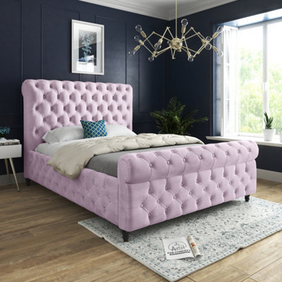 Savana Sleigh Upholstered Soft Velvet Pink Bed Frame - image 1