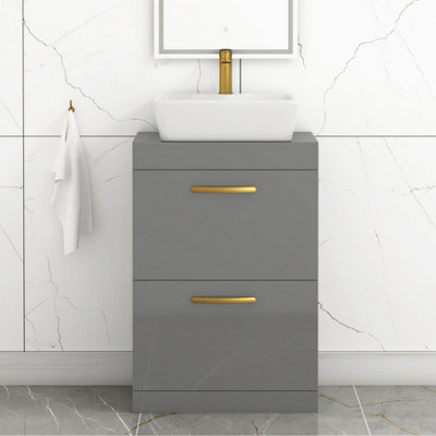 Royal Bathrooms 600mm Floor Standing Vanity Unit 2 Drawer Indigo Grey Gloss & Countertop Basin - Cube With Brushed Brass Handle - image 1