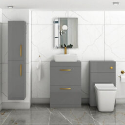 Royal Bathrooms 600mm Floor Standing Vanity Unit 2 Drawer Indigo Grey Gloss & Countertop Basin - Cube With Brushed Brass Handle - thumbnail 2