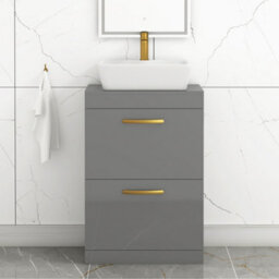 Royal Bathrooms 600mm Floor Standing Vanity Unit 2 Drawer Indigo Grey Gloss & Countertop Basin - Cube With Brushed Brass Handle - thumbnail 1