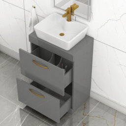Royal Bathrooms 600mm Floor Standing Vanity Unit 2 Drawer Indigo Grey Gloss & Countertop Basin - Cube With Brushed Brass Handle - thumbnail 3