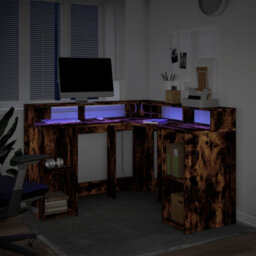 Berkfield Desk With Led Lights Smoked Oak 130X130X91 Cm Engineered Wood - thumbnail 5