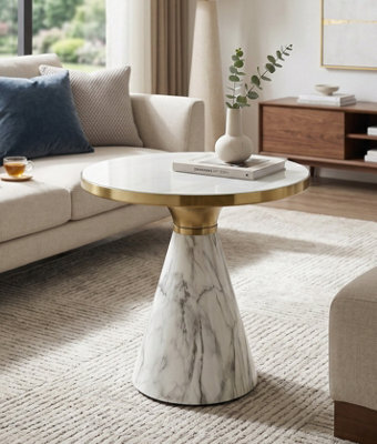 Aspect Furniture Modern Polly Pillar Side Table In White & Gold With Sintered Stone Top,snow White/white - image 1