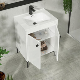 Royal Bathrooms Verona 600mm Gloss White Floor Standing Vanity Unit 2 Door With Ceramic Basin & Matt Black Knob - thumbnail 5