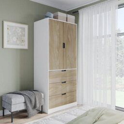Urbn-Living Urbnliving 180Cm Height White Wardrobe With Oak 2 Door 3 Drawer Storage And Modern Hanging Rail Furniture