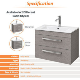 Plum&clay Novela Grey Wood Wall Hung Vanity Unit With Ceramic Basin Bathroom Furniture (W)600mm - thumbnail 4