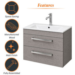 Plum&clay Novela Grey Wood Wall Hung Vanity Unit With Ceramic Basin Bathroom Furniture (W)600mm - thumbnail 5