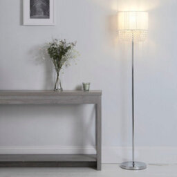 Lighting Collection Chrome Floor Lamp With Grey Drum Shade And Hanging Crystal Detail - thumbnail 1