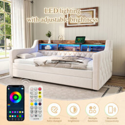 Matteo Space-Saving Velvet Sofa Bed With Storage, Usb-C & Led Ambiance - Beige, 90X190Cm - thumbnail 7