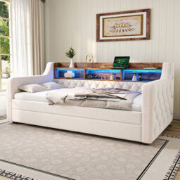 Matteo Space-Saving Velvet Sofa Bed With Storage, Usb-C & Led Ambiance - Beige, 90X190Cm - thumbnail 6