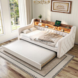Matteo Space-Saving Velvet Sofa Bed With Storage, Usb-C & Led Ambiance - Beige, 90X190Cm - thumbnail 3
