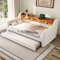 Matteo Space-Saving Velvet Sofa Bed With Storage, Usb-C & Led Ambiance - Beige, 90X190Cm