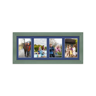 AK Frames 50X20Cm Green Classic Multi Photo Frame With Blue Mount - Holds 4 Apertures (4X) 6X4 Photos - image 1