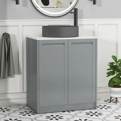 Royal Bathrooms Royal Bathroom Elmore 700mm Matt Pebble Grey Freestanding Bathroom Vanity Unit 2 Door Plain White Worktop With Art Round Basin - image 1