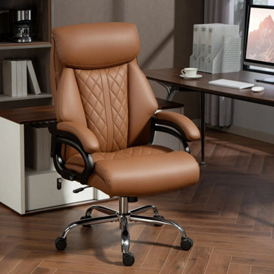 Pu Leather Office Chair With Spring Padding, Swivel Wheels, Brown - image 1