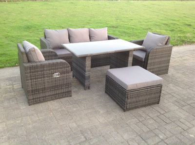 Fimous Rattan Garden Furniture Set Adjustable Chair Sofa Lounge 3 Seater Sofa Rectangular Dining Black Glass Table Footstool - image 1