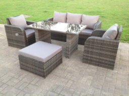 Fimous Rattan Garden Furniture Set Adjustable Chair Sofa Lounge 3 Seater Sofa Rectangular Dining Black Glass Table Footstool - thumbnail 2
