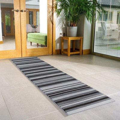 Bravich Hard Wearing Hessian Backed Stair Runner Kitchen Mat - Texas Grey Lines - 60X900Cm (2'x30')