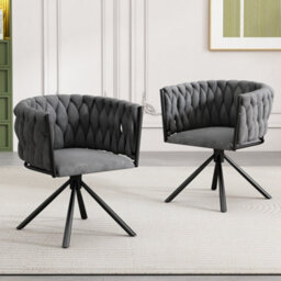 Matteo Set Of 2 Grey Velvet Swivel Dining Chairs With Black Steel Legs