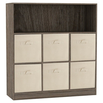 Urbn-Living Urbnliving Height 94Cm Wooden Wide Anthracite Oak 7 Cube Bookcase With Beige 6 Drawers Baskets Storage Unit Shelves - image 1