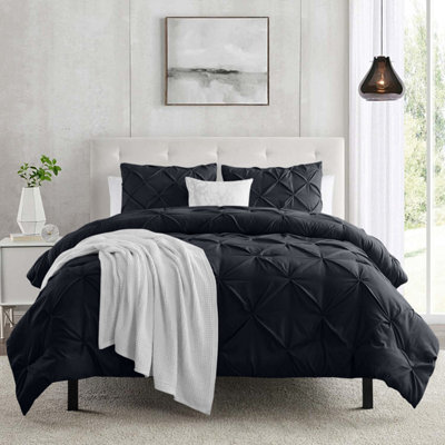 Ameha Pintuck Duvet Cover With Pillowcase Breathable Microfiber Pinch Pleat Diamond Design Black Single 135X200Cm - image 1