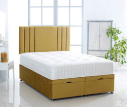 Comfy Deluxe Mustard Plush Foot Lift Ottoman Bed With Memory Spring Mattress And  Vertical  Headboard 3Ft Single
