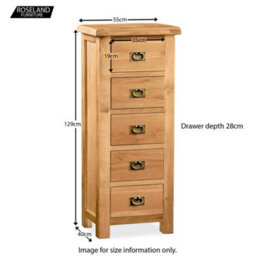 Zelah Oak 5 Drawer Tallboy Chest Fully Assembled - By Roseland Furniture - thumbnail 8