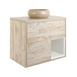 Homestylestore Light Oak 800mm Wall Hung Bathroom Vanity Unit Round Sand Countertop Basin Open Shelf - thumbnail 1