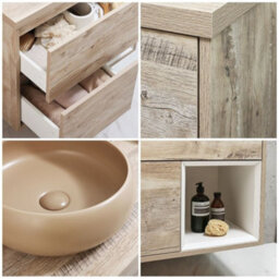 Homestylestore Light Oak 800mm Wall Hung Bathroom Vanity Unit Round Sand Countertop Basin Open Shelf - thumbnail 2