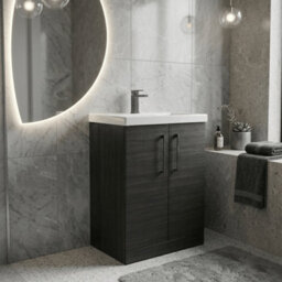 Balterley Bramshall Contemporary Bathroom Floor Standing 2-Door Vanity Unit & Mid-Edge Basin, Charcoal Black, 600mm - thumbnail 3