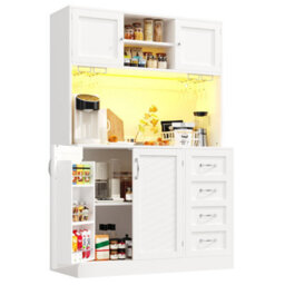 Btm Sideboard 120X40X188Cm, 4 Doors And 2 Drawers, Led, Snack Rack And Drink Holders, White - thumbnail 9