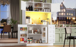 Btm Sideboard 120X40X188Cm, 4 Doors And 2 Drawers, Led, Snack Rack And Drink Holders, White - thumbnail 4