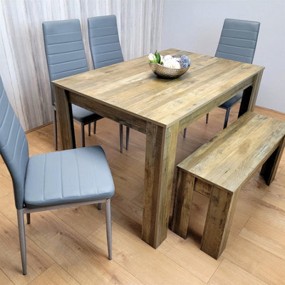 Kosy Koala Wooden Dining Table Set Of 6 - Rustic Effect Table With 4 Grey Chairs And 1 Bench - image 1