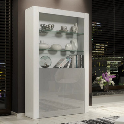 Display Cabinet Bookshelf Glass Cabinet Grey Gloss Living Room Storage 170Cm - image 1