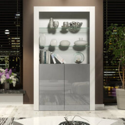 Display Cabinet Bookshelf Glass Cabinet Grey Gloss Living Room Storage 170Cm - thumbnail 2