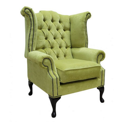 Chesterfield High Back Wing Chair Pimlico Zest Green Fabric Bespoke In Queen Anne Style - image 1