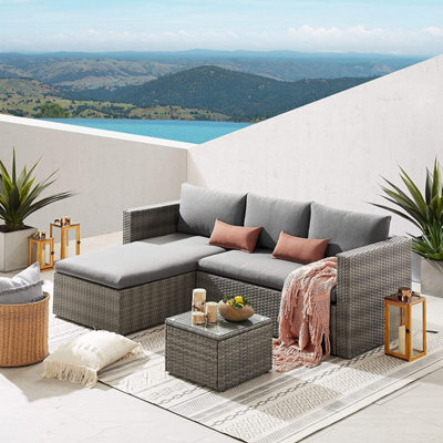 Evre Grey Malibu Rattan 3 Seater Outdoor Patio Garden Furniture Set With Cover Corner Sofa Coffee Table - Inc Weekend Delivery - image 1